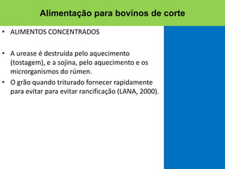 • ALIMENTOS CONCENTRADOS
• A urease é destruída pelo aquecimento
(tostagem), e a sojina, pelo aquecimento e os
microrganismos do rúmen.
• O grão quando triturado fornecer rapidamente
para evitar para evitar rancificação (LANA, 2000).
Alimentação para bovinos de corte
 