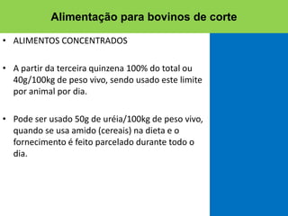 • ALIMENTOS CONCENTRADOS
• A partir da terceira quinzena 100% do total ou
40g/100kg de peso vivo, sendo usado este limite
por animal por dia.
• Pode ser usado 50g de uréia/100kg de peso vivo,
quando se usa amido (cereais) na dieta e o
fornecimento é feito parcelado durante todo o
dia.
Alimentação para bovinos de corte
 