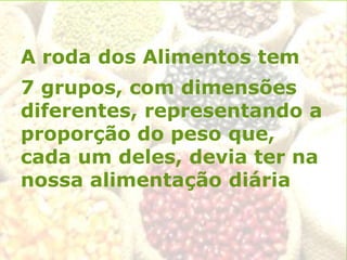 A roda dos Alimentos tem
7 grupos, com dimensões
diferentes, representando a
proporção do peso que,
cada um deles, devia ter na
nossa alimentação diária