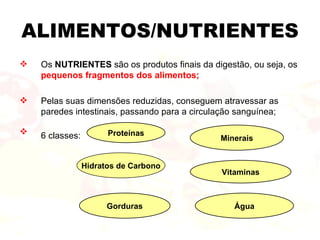 ALIMENTOS/NUTRIENTES <ul><li>Os  NUTRIENTES  são os produtos finais da digestão, ou seja, os  pequenos fragmentos dos alim...