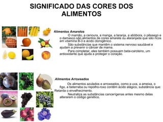 SIGNIFICADO DAS CORES DOS ALIMENTOS Alimentos Amarelos        O mamão, a cenoura, a manga, a laranja, a abóbora, o pêssego e o damasco são alimentos de cores amarela ou alaranjada que são ricos em vitamina B-3 e ácido clorogênico.         São substâncias que mantêm o sistema nervoso saudável e ajudam a prevenir o câncer de mama.         Para completar, eles também possuem beta-caroteno, um antioxidante que ajuda a proteger o coração.   Alimentos Arroxeados        Os alimentos azulados e arroxeados, como a uva, a ameixa, o figo, a beterraba ou repolho-roxo contêm ácido elágico, substância que: Retarda o envelhecimento.  Neutraliza as substâncias cancerígenas antes mesmo delas alterarem o código genético. 