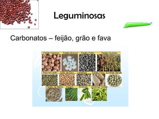 Leguminosas

Carbonatos – feijão, grão e fava
 