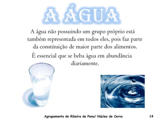 A água
  A água não possuindo um grupo próprio está
também representada em todos eles, pois faz parte
   da constituição de maior parte dos alimentos.
  È essencial que se beba água em abundância
                    diariamente.




       Agrupamento de Ribeira de Pena/ Núcleo de Cerva   14
 