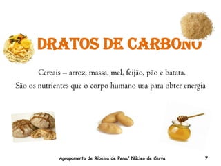 Hidratos de Carbono
       Cereais – arroz, massa, mel, feijão, pão e batata.
São os nutrientes que o corpo humano usa para obter energia




              Agrupamento de Ribeira de Pena/ Núcleo de Cerva   7
 