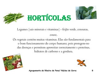 Hortícolas
   Legumes (sais minerais e vitaminas) - feijão verde, cenouras,
                              couve.
Os vegetais contém muitas vitaminas. Elas são fundamentais para
    o bom funcionamento do corpo humano, pois protegem-no
   das doenças e permitem aproveitar correctamente s proteínas,
                 hidratos de carbono e a gordura.




             Agrupamento de Ribeira de Pena/ Núcleo de Cerva       8
 