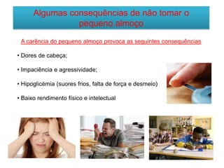 Algumas consequências de não tomar o
pequeno almoço
A carência do pequeno almoço provoca as seguintes consequências
• Dores de cabeça;
• Impaciência e agressividade;
• Hipoglicémia (suores frios, falta de força e desmeio)
• Baixo rendimento físico e intelectual
 