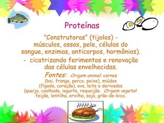 Proteínas
”Construtoras” (tijolos) - músculos, ossos,
pele, células do sangue, enzimas,
anticorpos, hormônios).
- cicatrizando ferimentos e renovação
das células envelhecidas.
Fontes: Origem animal: carnes (boi, frango, porco,
peixe), miúdos (fígado, coração), ovo, leite e derivados
(queijo, coalhada, iogurte, requeijão. Origem vegetal:
feijão, lentilha, ervilha, soja, grão-de-bico.
 