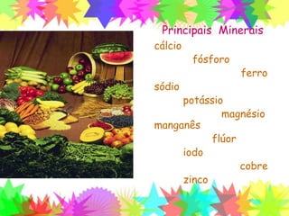 Principais Minerais
cálcio
fósforo
ferro
sódio
potássio
magnésio
manganês
flúor
iodo
cobre
zinco
 