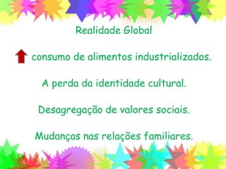 Realidade Global
consumo de alimentos industrializados.
A perda da identidade cultural.
Desagregação de valores sociais.
Mudanças nas relações familiares.
 