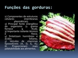 Funções das gorduras: 
1) Componentes de estruturas 
celulares (membranas 
plasmáticas); 
2) Principal fonte energética 
do organismo (1 grama 
fornece 9 Kcal); 
3) Importante isolante térmico 
e físico; 
4) Sintetizam hormônios e 
ácidos biliares; 
5) Veículos de vitaminas 
lipossolúveis (A, D, E, K); 
6) Proporcionam mais 
palatabilidade aos alimentos. 
 
