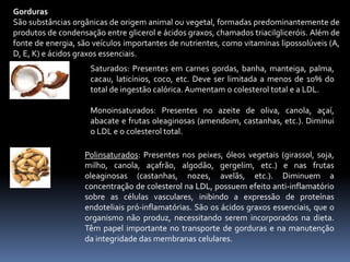 Gorduras 
São substâncias orgânicas de origem animal ou vegetal, formadas predominantemente de 
produtos de condensação entre glicerol e ácidos graxos, chamados triacilgliceróis. Além de 
fonte de energia, são veículos importantes de nutrientes, como vitaminas lipossolúveis (A, 
D, E, K) e ácidos graxos essenciais. 
Saturados: Presentes em carnes gordas, banha, manteiga, palma, 
cacau, laticínios, coco, etc. Deve ser limitada a menos de 10% do 
total de ingestão calórica. Aumentam o colesterol total e a LDL. 
Monoinsaturados: Presentes no azeite de oliva, canola, açaí, 
abacate e frutas oleaginosas (amendoim, castanhas, etc.). Diminui 
o LDL e o colesterol total. 
Polinsaturados: Presentes nos peixes, óleos vegetais (girassol, soja, 
milho, canola, açafrão, algodão, gergelim, etc.) e nas frutas 
oleaginosas (castanhas, nozes, avelãs, etc.). Diminuem a 
concentração de colesterol na LDL, possuem efeito anti-inflamatório 
sobre as células vasculares, inibindo a expressão de proteínas 
endoteliais pró-inflamatórias. São os ácidos graxos essenciais, que o 
organismo não produz, necessitando serem incorporados na dieta. 
Têm papel importante no transporte de gorduras e na manutenção 
da integridade das membranas celulares. 
 