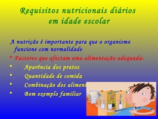 Requisitos nutricionais diários
em idade escolar
A nutrição é importante para que o organismo
funcione com normalidade
• Factores que afectam uma alimentação adequada:
• Aparência dos pratos
• Quantidade de comida
• Combinação dos alimentos
• Bom exemplo familiar
 
