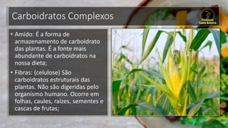 Carboidratos Complexos
• Amido: É a forma de
armazenamento de carboidrato
das plantas. É a fonte mais
abundante de carboidratos na
nossa dieta;
• Fibras: (celulose) São
carboidratos estruturais das
plantas. Não são digeridas pelo
organismo humano. Ocorre em
folhas, caules, raízes, sementes e
cascas de frutas;
 