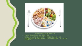 A T I V I D A D E E M G R U P O :
• S A L A D I V I D I D A 0 3 G R U P O S ;
• C A D A G R U P O D E V E R Á P E S Q U I S A R E A S
P I R Â M I D E S A L I M E N T A R E S C O N F O R M E A F A I X A
E T Á R I A .
 