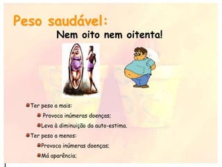 Peso saudável:
Nem oito nem oitenta!
Ter peso a mais:
Provoca inúmeras doenças;
Leva à diminuição da auto-estima.
Ter peso a menos:
Provoca inúmeras doenças;
Má aparência;
 