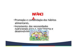 INFÂNCI
A
•Promoção e consolidação dos hábitos
alimentares.
•Incremento das necessidades
nutricionais para o crescimento e
desenvolvimento.
 