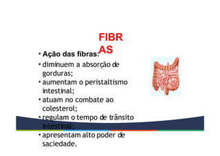 FIBR
AS
• Ação das fibras:
• diminuem a absorção de
gorduras;
• aumentam o peristaltismo
intestinal;
• atuam no combate ao
colesterol;
• regulam o tempo de trânsito
intestinal;
• apresentam alto poder de
saciedade.
 
