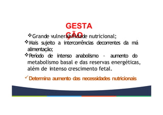 GESTA
ÇÃO
Grande vulnerabilidade nutricional;
Mais sujeito a intercorrências decorrentes da má
alimentação;
Período de intenso anabolismo – aumento do
metabolismo basal e das reservas energéticas,
além de intenso crescimento fetal.
Determina aumento das necessidades nutricionais
 