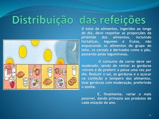 O total de alimentos, ingeridos ao longo
do dia, deve respeitar as proporções da
pirâmide dos alimentos, incluindo
hortaliças, legumes e frutos, não
esquecendo os alimentos do grupo do
leite, os cereais e derivados como o pão,
passando pelas leguminosas.
O consumo de carne deve ser
moderado, sendo de retirar as gorduras
visíveis e de preferir o peixe uma vez por
dia. Reduzir o sal, as gorduras e o açúcar
na confeção e tempero dos alimentos.
Usar gorduras com moderação, preferindo
o azeite.
E, finalmente, variar o mais
possível, dando primazia aos produtos de
cada estação do ano.
17
 