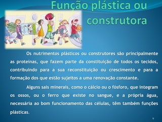 Os nutrimentos plásticos ou construtores são principalmente
as proteínas, que fazem parte da constituição de todos os tecidos,
contribuindo para a sua reconstituição ou crescimento e para a
formação dos que estão sujeitos a uma renovação constante.
Alguns sais minerais, como o cálcio ou o fósforo, que integram
os ossos, ou o ferro que existe no sangue, e a própria água,
necessária ao bom funcionamento das células, têm também funções
plásticas.
9
 