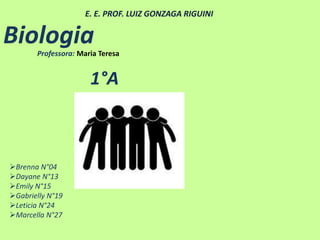 Brenna N°04
Dayane N°13
Emily N°15
Gabrielly N°19
Leticia N°24
Marcella N°27
Biologia
1°A
Professora: Maria Teresa
E. E. PROF. LUIZ GONZAGA RIGUINI
 