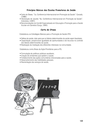 123
	 Princípios Básicos das Escolas Promotoras da Saúde
	
	 • Carta de Otawa. ”1a. Conferencia Internacional em Promoção da Saúde”. Canadá,
(1986).
	 • Declaração de Jacarta “4a. Conferência Internacional em Promoção da Saúde”.
Indonésia, (1997).
	 • Recomendações do Comitê Especializado em Educação e Promoção para a Saúde
Escolar em Genebra (Suíça, 1995).
Carta de Otawa
	
	 Estabeleceu as Estratégias Básicas para a Promoção da Saúde (PS)
	
	 • Defesa da saúde: lutar para que os fatores determinantes da saúde sejam favoráveis.
	 • Capacitação: proporcionar igualdade de oportunidades e de recursos no controle
dos fatores determinantes da saúde.
	 • Realização da mediação dos diferentes interesses na comunidade. 	
	
	 Estabeleceu como Áreas de Ação Prioritárias para a PS:
	
	 • Formulação de políticas públicas saudáveis.
	 • Criação de ambientes que apóiem a saúde.
	 • Fortalecimento das ações comunitárias direcionadas para a saúde.
	 • Desenvolvimento das habilidades pessoais.
	 • Reorientação dos serviços de saúde.
 