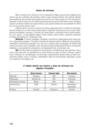 142
Doses de estresse
	 Mas o estresse nem sempre é ruim ou prejudicial. Alguns autores são categóricos ao
afirmar que se o estresse não existisse, talvez a raça humana também não existiria. Muitas
vezes podemos tirar proveito das reações que ocorrem em nosso corpo em uma situação es-
tressante. Você já notou que um atleta que participa da prova de 100 metros rasos consegue
sempre um tempo melhor nas provas oficiais, pois aquele estresse da necessidade de vitória
faz com que ele se esforce mais?
	 Estresse não é ruim em si mesmo. Em doses adequadas ele é um fator de motivação.
Quando abaixo de um certo nível provoca tédio e dispersão. Quando acima de certos níveis,
provoca ansiedade e cansaço. E quando em doses ideais, a sensação é de se sentir desafia-
do, com “garra”, as dificuldades exigem menor esforço. Sendo assim, podemos classificar
as doses de estresse em moderada e alta.
	 Moderada: É normal, fisiológico, desejável e ocorrência indispensável para nossa saú-
de e capacidade produtiva. É também chamado de estresse positivo. Melhora nossa atenção,
motivação e sentimentos pessoais. Faz com que o esforço para a realização de tarefas seja
menor e nos torna mais motivados. Entre outras principais características temos o aumento da
vitalidade, a manutenção do entusiasmo, da disposição física, do interesse, etc.
	 Alta: As altas doses de estresse é que possuem conseqüências mais danosas. Como
vimos, são essas que, se persistirem por muito tempo (ou seja, se forem crônicas), podem
levar a doenças ou manifestações. As principais características dessas doses já foram am-
plamente citadas, como o cansaço, irritabilidade, falta de concentração, depressão, queda
na resistência imunológica, etc.
	 A tabela abaixo nos mostra a dose de estresse em
algumas situações:
	
Baixo estresse Estresse ideal Alto estresse
Atenção Dispersa Alta Forçada
Motivação Baixíssima Alta Flutuante
Realização Pessoal Baixa Alta Baixa
Sentimentos Tédio Desafio Ansiedade/
depressão
Esforço Grande Pequeno Grande
 