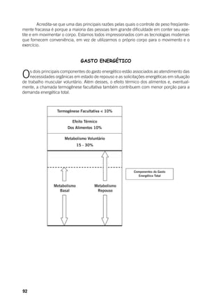 92
	 Acredita-se que uma das principais razões pelas quais o controle de peso freqüente-
mente fracassa é porque a maioria das pessoas tem grande dificuldade em conter seu ape-
tite e em movimentar o corpo. Estamos todos impressionados com as tecnologias modernas
que fornecem conveniência, em vez de utilizarmos o próprio corpo para o movimento e o
exercício.
GASTO ENERGÉTICO
Os dois principais componentes do gasto energético estão associados ao atendimento das
necessidades orgânicas em estado de repouso e as solicitações energéticas em situação
de trabalho muscular voluntário. Além desses, o efeito térmico dos alimentos e, eventual-
mente, a chamada termogênese facultativa também contribuem com menor porção para a
demanda energética total.
 