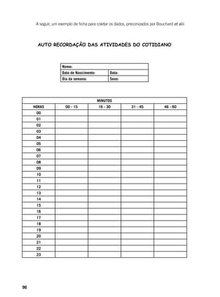 96
	 A seguir, um exemplo de ficha para coletar os dados, preconizados por Bouchard et alii.
AUTO RECORDAÇÃO DAS ATIVIDADES DO COTIDIANO
Nome:
Data de Nascimento: Data:
Dia da semana: Sexo:
MINUTOS
HORAS 00 - 15 16 - 30 31 - 45 46 - 60
00
01
02
03
04
05
06
07
08
09
10
11
12
13
14
15
16
17
18
19
20
21
22
23
 