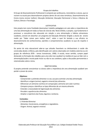 Grupos de trabalhos
O Grupo de Desenvolvimento Profissional é composto por professores, merendeiras e alunos, que se
reúnem na escola para desenvolverem projetos dentro de seis eixos temáticos, Desenvolvimento do
Ensino (como ensinar melhor), Educação Ambiental, Educação Patrimonial e Feiras e Mostras de
Cultura, Ciência e Tecnologia.

                                         JUSTIFICATIVA
Este projeto tem como finalidade desenvolver trabalho pedagógico em sala sobre a importância de
uma boa alimentação em todas as fases do ciclo da vida. Neste âmbito, o projeto, cujo fundamento é
promover a consciência dos educando em relação a uma alimentação e hábitos alimentares
saudáveis, consisti em desenhar um programa de Educação Alimentar dirigido a alunos do ensino
medio por “Saber comer para melhor viver”, sobre o qual foi testada a sua eficácia no
desenvolvimento de conhecimentos, opiniões e comportamentos saudáveis no que diz respeito à
alimentação.

Do ponto de vista educacional sabe-se que atitudes favoráveis ou desfavoráveis à saúde são
construídas desde a infância, pela identificação com valores observados em modelos externos ou em
grupos de referência (PCN - temas transversais, 1998). A escola, nesse sentido, cumpre papel
destacado na formação dos cidadãos para uma vida mais saudável na medida em que ao lidar com a
alimentação/saúde a escola pode incluir ou não no seu cotidiano, ações e discussões permanentes e
sistematizadas sobre o tema.

                                        OBJETIVO GERAL
O projeto pretende conscientizar os alunos sobre a importância de uma alimentação saudável sem
perder o prazer de comer.

       Objetivos:
       · Compreender a pirâmide alimentar e o seu uso para controlar uma boa alimentação
       · Identificar a origem (animal, vegetal e mineral) dos alimentos
       · Diferenciar um alimento nutritivo em comparação a alimento sem valor nutritivo
       · Comparar preços e identificar os tipos diferentes de um mesmo alimento
       · Entender a necessidade de higienização dos alimentos
       · Perceber a aparência dos alimentos
       · Ampliar o repertorio das frutas, legumes e verduras.

       Conteúdos:
       1. Pirâmide Alimentar
       · Alimentos: Construtores, energéticos e reguladores.
       · Origem: Animal, vegetal e mineral.




      Elaborado pelo Professor de Educação Física Milton Luiz. Colégio Estadual Eraldo Tinoco.
                                              2012
 