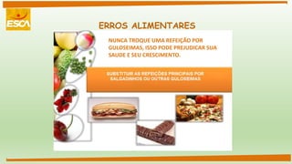 ERROS ALIMENTARES
NUNCA TROQUE UMA REFEIÇÃO POR
GULOSEIMAS, ISSO PODE PREJUDICAR SUA
SAUDE E SEU CRESCIMENTO.
 