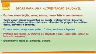 DICAS PARA UMA ALIMENTAÇÃO SAUDÁVEL
• Faz bem comer feijão, arroz, massas, tomar leite e seus derivados;
• Tente comer menos salgadinhos de pacote, refrigerantes, biscoitos
recheados, alimentos industrializadas, alimentos de preparo instantâneo,
doces, sorvetes e frituras;
• Procure comer sempre que puder, frutas, verduras e legumes;
• Pratique pelo menos 30 minutos de atividade física (jogar bola, andar de
bicicleta, caminhar);
• Experimente todos os alimentos, sempre.
 