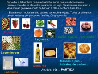 Certo dia, a tal senhora muito redondinha, numa das suas brincadeiras,
   resolveu convidar os alimentos para fazer um jogo. Os alimentos adoraram a
   ideia porque gostavam muito de brincar. Então a senhora disse-lhes:
    - Estejam com muita atenção para eu vos explicar o jogo. Todos os alimentos
   devem juntar-se por grupos ou famílias. Os grupos são:




 Frutos
                                                Carne e peixe - proteínas
                            Legumes



Leguminosas


                                                  Massas e pão –
                                                  hidratos de carbono
                          Gorduras
                              Um, dois, três… PARTIDA
  Laticínios
 