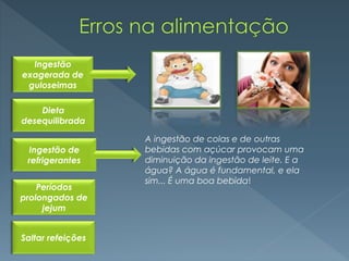 Ingestão
exagerada de
guloseimas
Ingestão de
refrigerantes
A ingestão de colas e de outras
bebidas com açúcar provocam uma
diminuição da ingestão de leite. E a
água? A água é fundamental, e ela
sim... É uma boa bebida!
Dieta
desequilibrada
Períodos
prolongados de
jejum
Saltar refeições
 