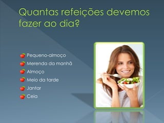 Pequeno-almoço
Merenda da manhã
Almoço
Meio da tarde
Jantar
Ceia
 