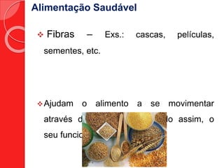 Alimentação Saudável 
 Fibras – Exs.: cascas, películas, 
sementes, etc. 
Ajudam o alimento a se movimentar 
através do intestino, facilitando assim, o 
seu funcionamento. 
 