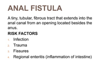 ANAL FISTULA
A tiny, tubular, fibrous tract that extends into the
anal canal from an opening located besides the
anus.
RISK FACTORS
1. Infection
2. Trauma
3. Fissures
4. Regional enteritis (inflammation of intestine)
 