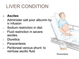LIVER CONDITION
B. Ascites
1. Administer salt poor albumin by
iv infusion
2. Sodium restriction in diet.
3. Fluid restriction in severe
ascites.
4. Diuretics
5. Paracentesis
6. Peritoneal venous shunt: to
reinfuse ascitic fluid
Paracentesis
 
