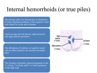 Internal hemorrhoids (or true piles)
The primary piles are formed due to dilatations
of main tributaries/radicles of the superior rectal
vein which lie in the anal columns
which occupy the left lateral, right posterior,
and right anterior positions
The dilatations of radicles of superior rectal
vein in other positions are termed secondary
piles
The location of primary pilescorresponds to the
3 o’clock, 7 o’clock, and 11 o’clock positions
of the anal wall
 