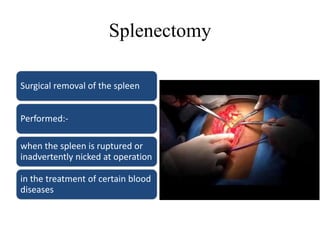 Splenectomy
Surgical removal of the spleen
Performed:-
when the spleen is ruptured or
inadvertently nicked at operation
in the treatment of certain blood
diseases
 