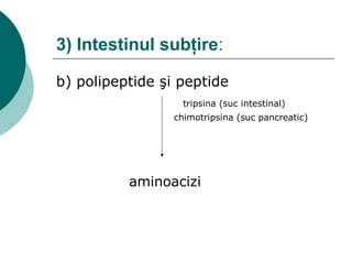 3) Intestinul subţire:
b) polipeptide şi peptide
tripsina (suc intestinal)
chimotripsina (suc pancreatic)
aminoacizi
 