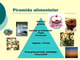 Piramida alimentelor
Dulciuri
grăsimi
Lactate şi brânzeturi
Peşte
Carne,oua
Legume , Fructe
Ovăz,grâu,porumb, mămăligă.
orez,cartofi
 