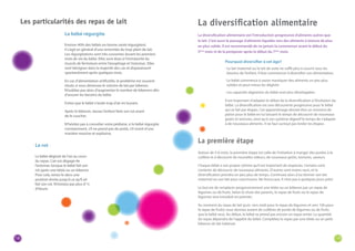18 19 
Le rot 
Le bébé déglutit de l’air au cours 
du repas. L’air est dégagé de 
l’estomac lorsque le bébé fait son 
rot après une tétée ou un biberon. 
Pour cela, tenez-le dans une 
position droite jusqu’à ce qu’il ait 
fait son rot. N’insistez pas plus d’ ¼ 
d’heure. 
Les particularités des repas de lait 
Le bébé régurgite 
Environ 40% des bébés en bonne santé régurgitent. 
Il s’agit en général d’une remontée du trop-plein de lait. 
Les régurgitations sont très courantes durant les premiers 
mois de vie du bébé. Elles sont dues à l’immaturité du 
muscle de fermeture entre l’oesophage et l’estomac. Elles 
sont bénignes dans la majorité des cas et disparaissent 
spontanément après quelques mois. 
En cas d’alimentation artificielle, le problème est souvent 
résolu si vous diminuez le volume de lait par biberon. 
N’oubliez pas alors d’augmenter le nombre de biberons afin 
d’assurer les besoins du bébé. 
Evitez que le bébé n’avale trop d’air en buvant. 
Après le biberon, laissez l’enfant faire son rot avant 
de le coucher. 
N’hésitez pas à consulter votre pédiatre, si le bébé régurgite 
constamment, s’il ne prend pas de poids, s’il vomit d’une 
manière massive et explosive. 
Pourquoi diversifier à cet âge? 
· Le lait maternel ou le lait de suite ne suffit plus à couvrir tous les 
besoins de l’enfant. Il faut commencer à diversifier son alimentation. 
· Le bébé commence à savoir mastiquer des aliments un peu plus 
solides et peut mieux les déglutir. 
· Les capacités digestives du bébé sont plus développées. 
Il est important d’adapter le début de la diversification à l’évolution du 
bébé. La diversification est une découverte progressive pour le bébé 
qui se fait par étapes. Cet apprentissage devrait être un moment de 
plaisir pour le bébé en lui laissant le temps de découvrir de nouveaux 
goûts et textures, ainsi qu’à son système digestif le temps de s’adapter 
à de nouveaux aliments. Il ne faut surtout pas brûler les étapes. 
La diversification alimentaire 
La diversification alimentaire est l’introduction progressive d’aliments autres que 
le lait. C’est aussi le passage d’aliments liquides vers des aliments à texture de plus 
en plus solide. Il est recommandé de ne jamais la commencer avant le début du 
5ème mois ni de la postposer après le début du 7ème mois. 
Autour de 5-6 mois, la première étape est celle de l’initiation à manger des purées à la 
cuillère et à découvrir de nouvelles odeurs, de nouveaux goûts, textures, saveurs. 
Chaque bébé a son propre rythme qu’il est important de respecter. Certains sont 
contents de découvrir de nouveaux aliments. D’autres sont moins ravis, et la 
diversification prendra un peu plus de temps. Continuez alors à lui donner son lait 
maternel ou son lait pour nourrissons. Ne forcez pas. Il n’est pas à quelques jours près! 
Le but est de remplacer progressivement une tétée ou un biberon par un repas de 
légumes ou de fruits. Selon le choix des parents, le repas de fruits ou le repas de 
légumes sera introduit en premier. 
Au moment du repas de lait (p.ex. vers midi pour le repas de légumes et vers 16h pour 
le repas de fruits) vous donnez autant de cuillères de purée de légumes ou de fruits 
que le bébé veut. Au début, le bébé ne prend pas encore un repas entier. La quantité 
du repas dépendra de l’appétit du bébé. Complétez le repas par une tétée ou un petit 
biberon de lait habituel. 
La première étape 
 
