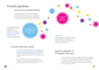 34 35 
Conseils généraux 
Le lait et les produits laitiers 
Le lait de vache (entier, demi-écrémé ou écrémé) ne 
convient pas aux enfants de moins de 1 an. Il contient 
plus de protéines et de minéraux que le lait maternel ou 
le lait adapté. L’introduction du lait de vache non dilué est 
recommandée au plus tôt après l’âge de 12 mois révolus. 
Le seul apport «laitier» 
de l’enfant jusqu’à un an 
est le lait maternel ou le 
lait pour nourrisson et 
le lait de suite. 
Limitez les produits laitiers 
(yaourts, fromages, fromages 
frais aux fruits). 
Evitez les desserts lactés, 
puddings…, même ceux qui 
sont vendus «spécialement 
pour bébés», car ils 
contiennent trop de protéines 
et bien souvent trop de sucre. 
La production de petits pots pour bébés est soumise à une 
réglementation européenne très stricte. Les ingrédients utilisés 
ne peuvent pas contenir de résidus, de germes, de nitrates 
ou nitrites en quantités dangereuses pour le nourrisson. La 
qualité des petits pots est bonne et il n’y a pas d’objection à leur 
utilisation. 
Il est toutefois important de faire le bon choix dans 
l’assortiment des petits pots, selon l’âge de votre bébé. Lisez 
consciencieusement l’étiquette, tous les ingrédients y sont 
indiqués. N’achetez que des produits de marque. 
Notre conseil 
Les purées que vous préparez vous-même ont 
meilleur goût. Vous avez également l’avantage 
de pouvoir choisir les ingrédients vous-même. 
Les recettes dans cette brochure vous 
donneront quelques idées. 
Dès les premiers mois, un enfant est capable d’adapter les quantités qu’il 
consomme en fonction de ses besoins. Il régule ainsi sa prise alimentaire 
sur la journée: s’il mange «plus» lors d’un repas, il mangera moins au 
repas suivant. Faites-lui confiance, et s’il n’a plus faim, ne le forcez pas 
à finir son assiette. Encouragez votre enfant à être attentif aux signaux 
corporels de faim et de satiété. 
Gérer les quantités et 
la fréquence des repas 
Les petits pots pour bébés 
En cas de risque 
d’allergie, 
adressez-vous à 
votre pédiatre. 
 
