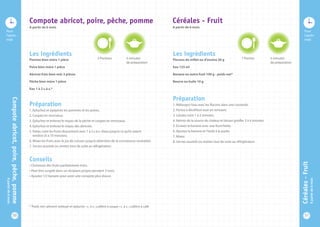 Pour 
l’après-midi 
Pour 
l’après-midi 
Les ingrédients 
Flocons de millet ou d’avoine 20 g 
Eau 125 ml 
Banane ou autre fruit 100 g - poids net* 
Beurre ou huile 10 g 
Préparation 
1. Mélangez l’eau avec les flocons dans une casserole. 
2. Portez à ébullition tout en remuant. 
3. Laissez cuire 1 à 2 minutes. 
4. Retirez de la source de chaleur et laissez gonfler 3 à 4 minutes. 
5. Ecrasez la banane avec une fourchette. 
6. Ajoutez la banane et l’huile à la purée. 
7. Mixez. 
8. Servez aussitôt ou mettez tout de suite au réfrigérateur. 
Les ingrédients 
Pomme bien mûre 1 pièce 
Poire bien mûre 1 pièce 
Abricot frais bien mûr 3 pièces 
Pêche bien mûre 1 pièce 
Eau 1 à 2 c.à.s.* 
Préparation 
1. Epluchez et épépinez les pommes et les poires. 
2. Coupez en morceaux. 
3. Epluchez et enlevez le noyau de la pêche et coupez en morceaux. 
4. Epluchez et enlevez le noyau des abricots. 
5. Faites cuire les fruits doucement avec 1 à 2 c.à.s. d’eau jusqu’à ce qu’ils soient 
tendres (5 à 10 minutes). 
6. Mixez les fruits avec le jus de cuisson jusqu’à obtention de la consistance souhaitée. 
7. Servez aussitôt ou mettez tout de suite au réfrigérateur. 
Conseils 
• Choisissez des fruits parfaitement mûrs. 
• Peut être surgelé dans un récipient propre pendant 3 mois. 
• Ajoutez 1/2 banane pour avoir une compote plus douce. 
2 Portions 1 Portion 5 minutes 
de préparation 
5 minutes 
de préparation 
* Poids net: aliment nettoyé et épluché • c. à s.: cuillère à soupe • c. à c.: cuillère à café 
50 51 Compote abricot, poire, pêche, pomme 
A partir de 6 mois 
Céréales - Fruit 
A partir de 6 mois 
Compote abricot, poire, pêche, pomme 
A partir de 6 mois 
Céréales - Fruit 
A partir de 6 mois 
 