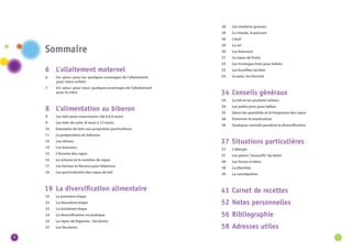 4 5 
6 L’allaitement maternel 
6 Un «plus» pour lui: quelques avantages de l’allaitement 
pour votre enfant 
7 Un «plus» pour vous: quelques avantages de l’allaitement 
pour la mère 
8 L’alimentation au biberon 
9 Les laits pour nourrissons (de 0 à 6 mois) 
9 Les laits de suite (6 mois à 12 mois) 
10 Exemples de laits aux propriétés particulières 
11 La préparation du biberon 
14 Les tétines 
14 Les boissons 
15 L’horaire des repas 
16 Le volume et le nombre de repas 
17 Les farines et flocons pour biberons 
18 Les particularités des repas de lait 
19 La diversification alimentaire 
19 La première étape 
23 La deuxième étape 
23 La troisième étape 
24 La diversification en pratique 
25 Le repas de légumes - féculents 
27 Les féculents 
Sommaire 
28 Les matières grasses 
29 La viande, le poisson 
30 L’oeuf 
30 Le sel 
30 Les boissons 
31 Le repas de fruits 
33 Les fromages frais pour bébés 
33 Les bouillies lactées 
33 Le pain, les biscuits 
34 Conseils généraux 
34 Le lait et les produits laitiers 
34 Les petits pots pour bébés 
35 Gérer les quantités et la fréquence des repas 
36 Favoriser la mastication 
36 Quelques conseils pendant la diversification 
37 Situations particulières 
37 L’allergie 
37 Les pleurs “excessifs” du bébé 
38 Les fesses irritées 
38 La diarrhée 
39 La constipation 
41 Carnet de recettes 
52 Notes personnelles 
56 Bibliographie 
58 Adresses utiles 
 