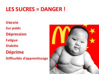 LES SUCRES = DANGER !
Obésité
Sur poids
Dépression
Fatigue
Diabète
Déprime
Difficultés d’apprentissage
 