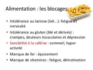 Alimentation : les blocages
• Intolérance au lactose (lait...): fatigue et
nervosité
• Intolérance au gluten (blé et dérivés) :
crampes, douleurs musculaires et dépression
• Sensibilité à la caféine : sommeil, hyper
activité
• Manque de fer : épuisement
• Manque de vitamines : fatigue, démotivation
 