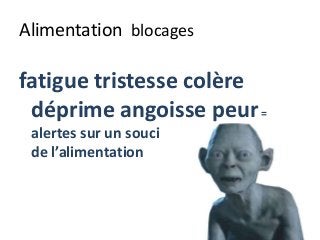 Alimentation blocages
fatigue tristesse colère
déprime angoisse peur=
alertes sur un souci
de l’alimentation
 