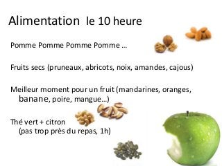 Alimentation le 10 heure
Pomme Pomme Pomme Pomme …
Fruits secs (pruneaux, abricots, noix, amandes, cajous)
Meilleur moment pour un fruit (mandarines, oranges,
banane, poire, mangue…)
Thé vert + citron
(pas trop près du repas, 1h)
 